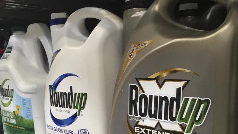 Behälter mit Roundup, einem Unkrautvernichter von Monsanto, stehen in einem Regal in einem amerikanischen Baumarkt. Behälter mit Roundup, einem Unkrautvernichter von Monsanto, stehen in einem Regal in einem amerikanischen Baumarkt.