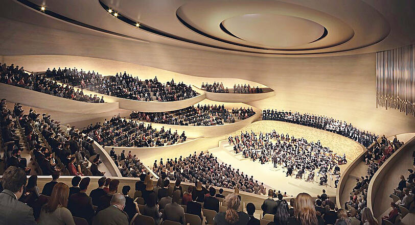 In allen Entwürfen für die Philharmonie rückt das Publikum näher an das Orchester auf dem Podium heran. Hier der Entwurf von Auer Weber.