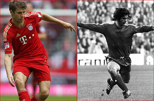 BOMBER MÜLLER: Klar, es gibt nur einen Gerd Müller (r.), den legendären Torjäger. Doch Müller, heute noch Co-Trainer der Zweiten Mannschaft, schätzt seinen Nachfolger, drehte mit ihm Werbespots. Kleines dickes Müller war der Gerd, Thomas (l.) ist großes, schlaksiges Müller. Der Bomber 2013 geht weitere Wege, ist noch unberechenbarer.