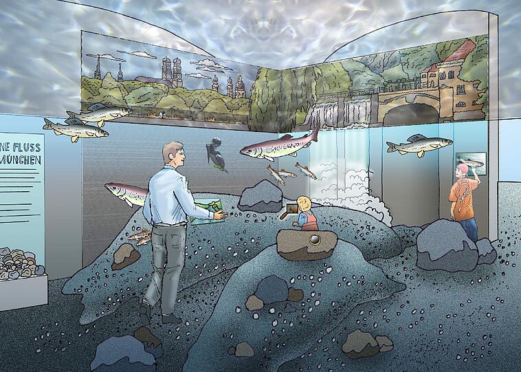 Die Grafik zeigt: In der neu gestalteten Fischereiabteilung wandelt der Besucher unterhalb der Wasseroberfläche, auf echtem Flußkies.