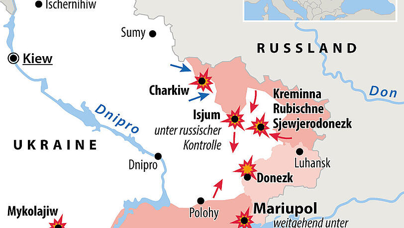 Russlands Angriff auf die Ukraine: Im Fokus der Osten des Landes und Verortung des Stahlwerkes in Mariupol sowie Aktualisierung mit von russischen Truppen besetzten Gebieten. Russlands Angriff auf die Ukraine: Im Fokus der Osten des Landes und Verortung des Stahlwerkes in Mariupol sowie Aktualisierung mit von russischen Truppen besetzten Gebieten.