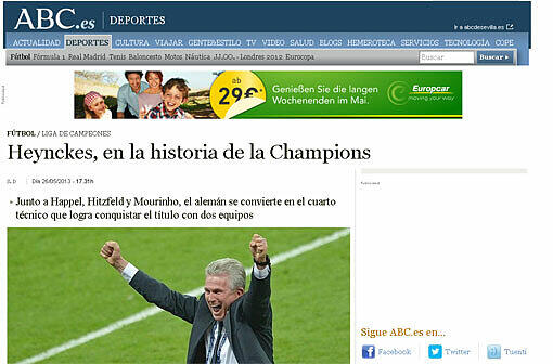 Und die Spanier? "ABC.es" ehrt Jupp Heynckes, der sich mit seinem zweiten CL-Sieg in die "Geschichte der Champions" um Ernst Happel, Ottmar Hitzfeld und José Mourinho einreiht.