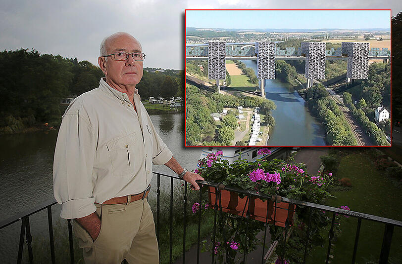Wolfgang Duchscherer auf der Terrasse seines Hauses. Im Hintergrund die besagte Autobahnbrücke. Das kleine Bild zeigt ein Handout des Bauprojekts.