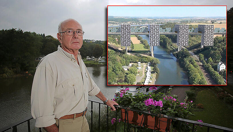 Wolfgang Duchscherer auf der Terrasse seines Hauses. Im Hintergrund die besagte Autobahnbrücke. Das kleine Bild zeigt ein Handout des Bauprojekts. Wolfgang Duchscherer auf der Terrasse seines Hauses. Im Hintergrund die besagte Autobahnbrücke. Das kleine Bild zeigt ein Handout des Bauprojekts.