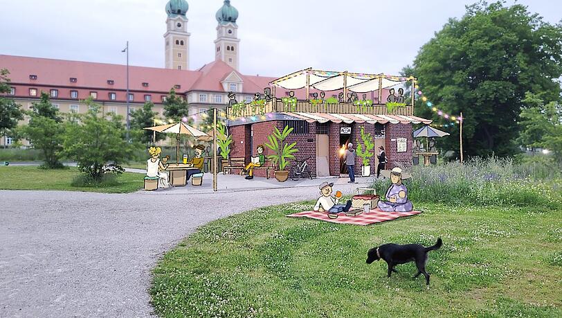 Die Vision vom Café Backsteinchen: Das (noch marode) rote Häusl bekommt Sitzgelegenheiten drumherum und eine Dachterrasse, die nach neusten Plänen auch verglast werden soll.