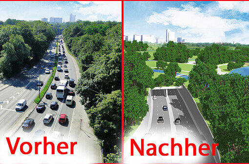 Links: So sieht&rsquo;s heute aus - der Isarring durchschneidet den Englischen Garten. Rechts: So soll&rsquo;s ausssehen &ndash; die Autos verschwinden unter der Erde.