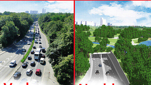 Links: So sieht’s heute aus - der Isarring durchschneidet den Englischen Garten. Rechts: So soll’s ausssehen – die Autos verschwinden unter der Erde. Links: So sieht’s heute aus - der Isarring durchschneidet den Englischen Garten. Rechts: So soll’s ausssehen – die Autos verschwinden unter der Erde.