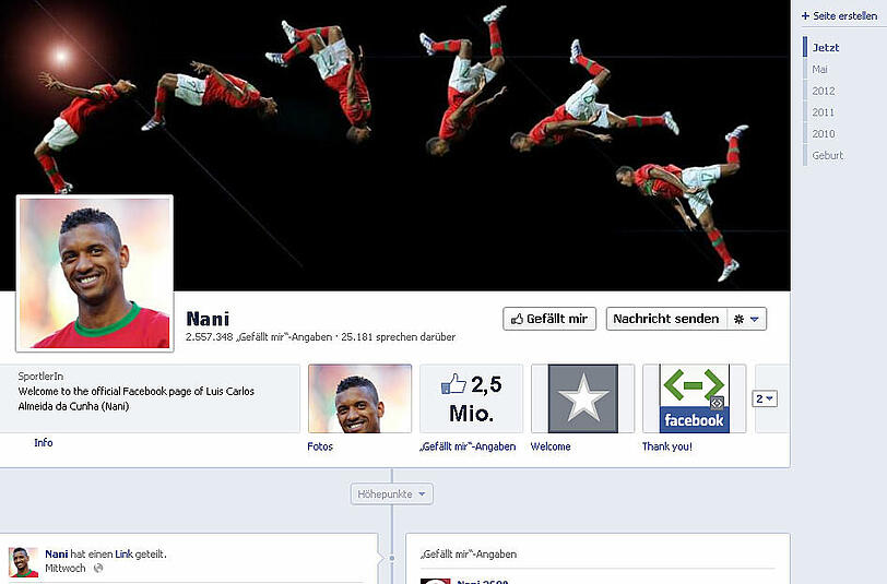 Der portugiesische Mittelfeldakteur Nani als Viertplatzierter hatte seinen 2,6 Millionen Fans im April echte Neuigkeiten zu verkünden: Er präsentierte ein Foto seiner neuen Freundin und schrieb mit einem lachenden Smiley dazu: &bdquo;Ich bin glücklich euch sagen zu können, dass wir zusammen sind.&ldquo; - http://www.facebook.com/Nani.