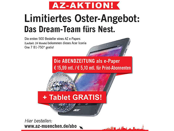 Die Abendzeitung als e-Paper-Abo und dazu GRATIS das Acer Iconia One 7 B1-750 Tablet!