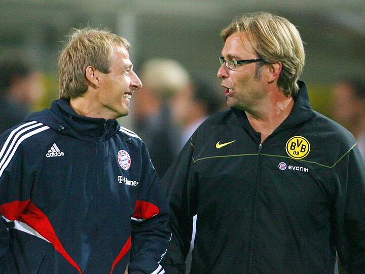 &bdquo;Ich schätze Jürgen sehr. Er ist ein guter Typ, lebenslustig. Er ist sehr belebend für die Liga.&ldquo; Sagt wer über wen? Jürgen Klinsmann (l.) über Jürgen Klopp. Foto: dpa