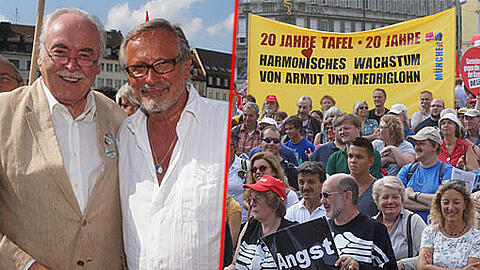 Prominente Unterstützer: Karikaturist Dieter Hanitsch (l) und Musiker Konstatin Wecker auf der DGB-Kundgebung in München.