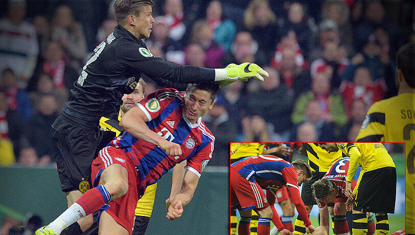 Die Szene: Mitch Langerak springt und faustet Richtung Ball, doch trifft Robert Lewandowski voll am Kopf. Der Pole musste in ein Krankenhaus gebracht werden.