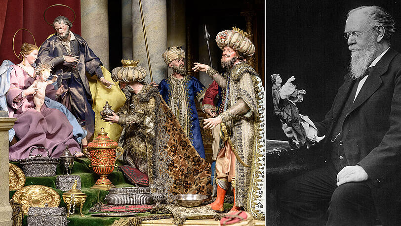 Lebendige Anbetungsszene aus der "Palastkrippe". Max Schmederer hat sie zusammengestellt. Rechts der passionierte Figuren-Sammler, Bankier und Stifter.