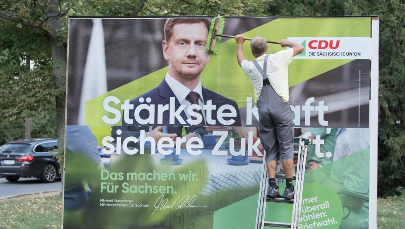 Im Umfrage-Aufwind: CDU-Wahlplakat mit Sachsens Ministerpräsident Michael Kretschmer. Im Umfrage-Aufwind: CDU-Wahlplakat mit Sachsens Ministerpräsident Michael Kretschmer.
