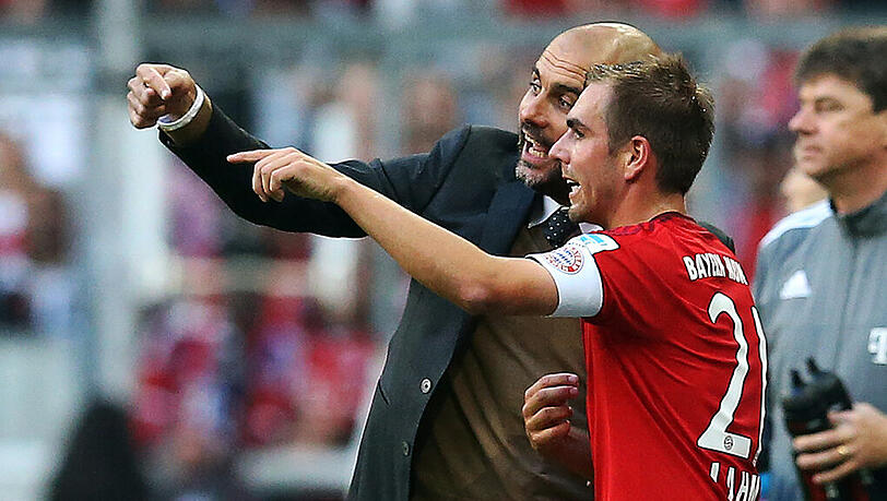 Beim Thema "Manchester City" sind die Beiden wohl nicht einer Meinung: Pep Guardiola und Philipp Lahm. Beim Thema "Manchester City" sind die Beiden wohl nicht einer Meinung: Pep Guardiola und Philipp Lahm.