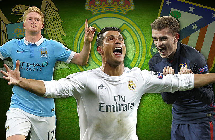 Die gegnerischen Topstars: Kevin De Bruyne (Manchester City), Cristiano Ronaldo (Real Madrid) und Antoine Griezmann (Atlético Madrid).
