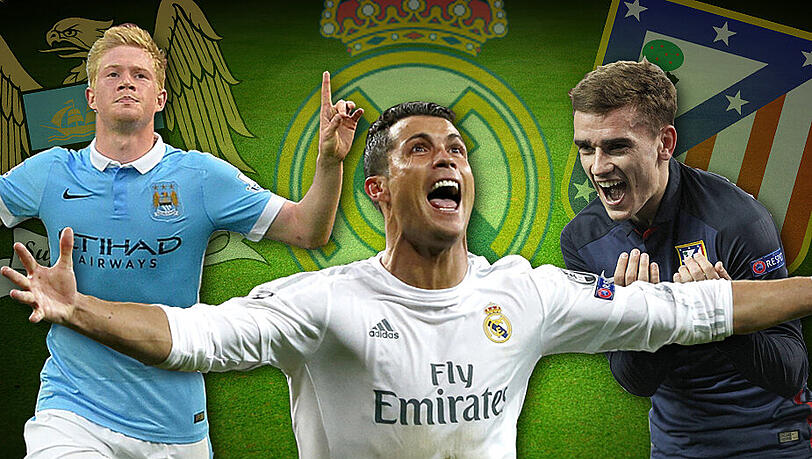 Die gegnerischen Topstars: Kevin De Bruyne (Manchester City), Cristiano Ronaldo (Real Madrid) und Antoine Griezmann (Atlético Madrid). Die gegnerischen Topstars: Kevin De Bruyne (Manchester City), Cristiano Ronaldo (Real Madrid) und Antoine Griezmann (Atlético Madrid).