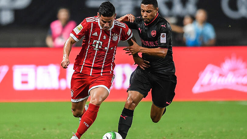 Bayern-Neuzugang James Rodríguez - hier bei der Asien-Reise im Spiel gegen den FC Arsenal - sehnt seinen ersten Treffer im Trikot des deutschen Rekordmeisters herbei.