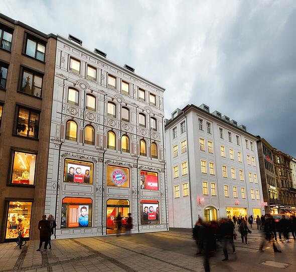 Sieben Stockwerke hoch, mit Terrasse und Restaurants: So soll der neue FC-Bayern-Flagship-Store am Dom aussehen.