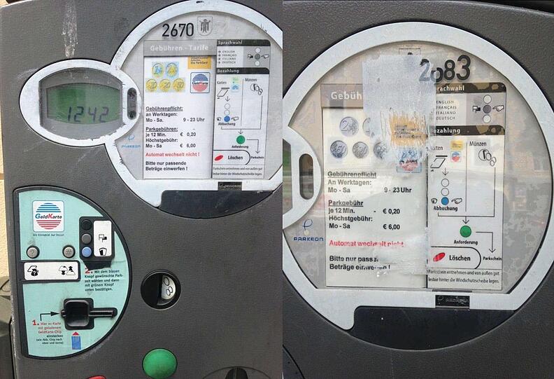Diese beiden Parkautomaten in der Maistraße treiben Parkende in den Wahnsinn. Die Fotos hat Stadtrat Marian Offman gemacht.