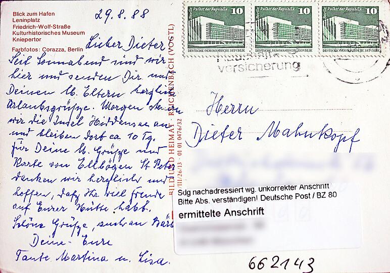 Geschrieben an 29.8.88 &ndash; so hat es Tante Martina oben auf der Postkarte in Stralsund notiert.