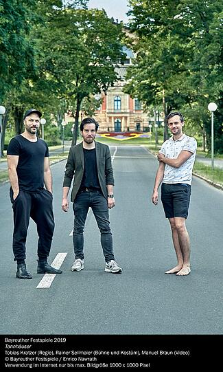Tobias Kratzer (Regie), Rainer Sellmeier (Bühne) und Manuel Braun (Video, von links) sind das &bdquo;Tannhäuser&ldquo;-Team.