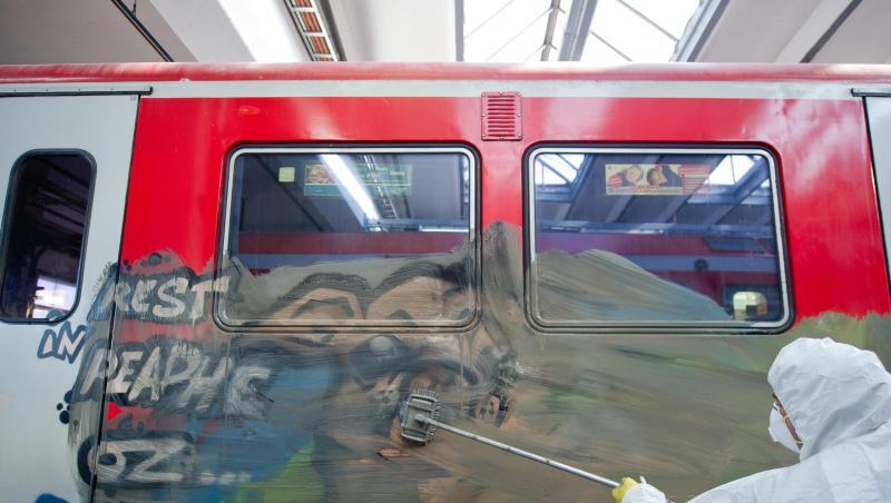 Ein Mitarbeiter reinigt einen mit Graffiti bemalten Waggon. Foto: Daniel Bockwoldt/Archiv Ein Mitarbeiter reinigt einen mit Graffiti bemalten Waggon. Foto: Daniel Bockwoldt/Archiv