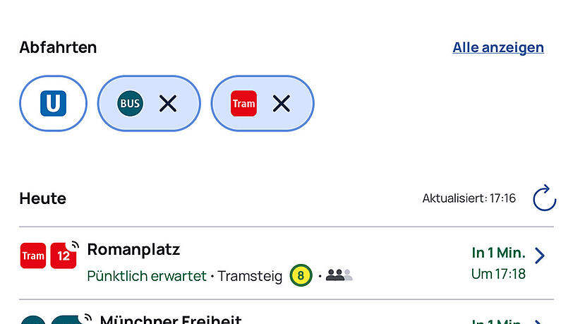 Ist die Live-Position verfügbar, erscheint ein Signal-Symbol in der rechten oberen Ecke der Liniennummer. Ist die Live-Position verfügbar, erscheint ein Signal-Symbol in der rechten oberen Ecke der Liniennummer.