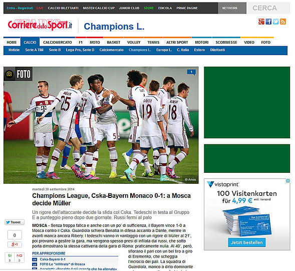 Die italienische Corriere dello Sport titelt: "Müller entscheidet das Spiel in Moskau".