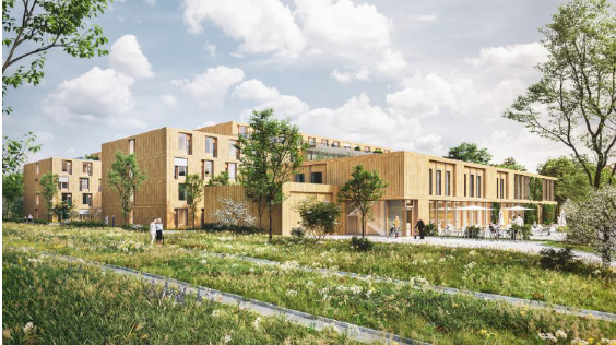 Die Fassade aus Holz, die Fenster asymmetrisch angeordnet: So soll das neue Pflegeheim an der Franz-Nißl-Straße mal aussehen.
