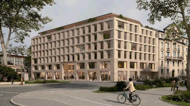So soll der Neubau der Versicherungskammer im Lehel aussehen. Die Straße, die nach rechts führt, ist die Widenmayerstraße. Links neben dem Baum verläuft die Maximilianstraße.