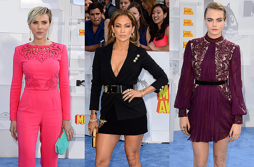Ob in Pink, Schwarz oder Weinrot - Scarlett Johansson, Jennifer Lopez und Cara Delevingne haben bei den MTV Movie Awards alle Blicke auf sich gezogen.