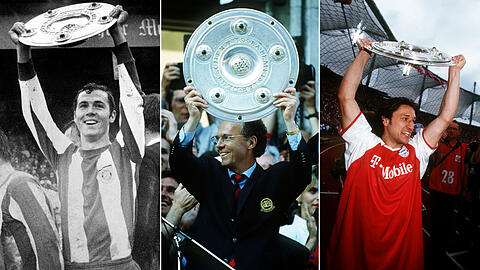 Links: Franz Beckenbauer bejubelt 1969 seine erste Meisterschaft als Spieler, holt den Titel auch 1972, 1973 und 1974. Mitte: Beckenbauer übernimmt als Interimscoach &ndash; und führt die Bayern 1994 als Trainer zum Titel. Rechts: 2003 präsentiert Niko Kovac den Fans im Olympiastadion die Meisterschale.