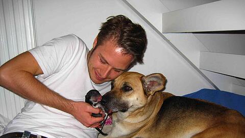 Radiomoderator Florian Weiss und Hundedame Emma kuscheln mit den süßen Hundebabys.
