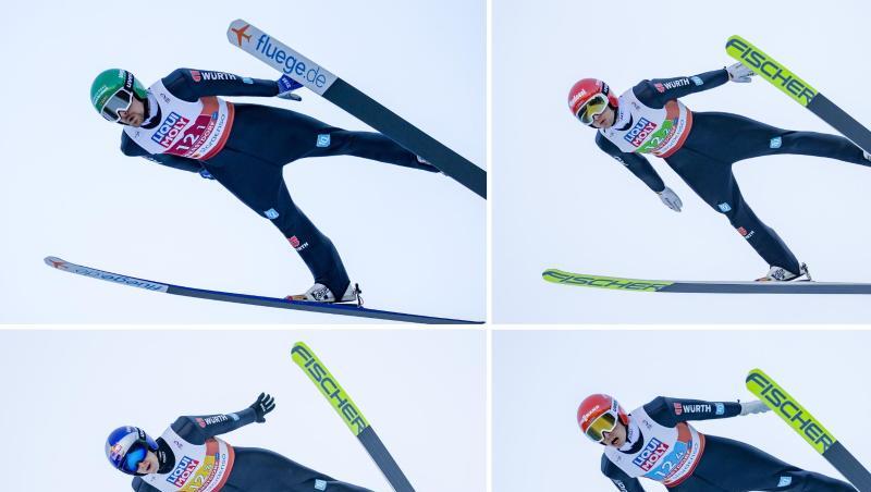 Fabian Rießle (o.l.), Terence Weber (o.r.), Vinzenz Geiger (u.l.) und Eric Frenzel aus Deutschland in Aktion.