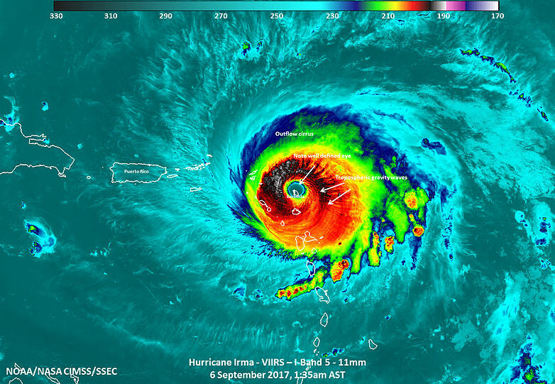 Das von NASA zur Verfügung gestellte Satellitenbild des NOAA Suomi NPP Sateliten zeigt "Irma" über Barbuda und vor Puerto Rico. Mit Windgeschwindigkeiten von fast 300 Stundenkilometern bewegt sich der Hurrikan auf Florida zu.