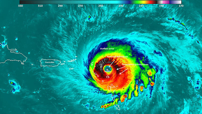 Das von NASA zur Verfügung gestellte Satellitenbild des NOAA Suomi NPP Sateliten zeigt "Irma" über Barbuda und vor Puerto Rico. Mit Windgeschwindigkeiten von fast 300 Stundenkilometern bewegt sich der Hurrikan auf Florida zu. Das von NASA zur Verfügung gestellte Satellitenbild des NOAA Suomi NPP Sateliten zeigt "Irma" über Barbuda und vor Puerto Rico. Mit Windgeschwindigkeiten von fast 300 Stundenkilometern bewegt sich der Hurrikan auf Florida zu.