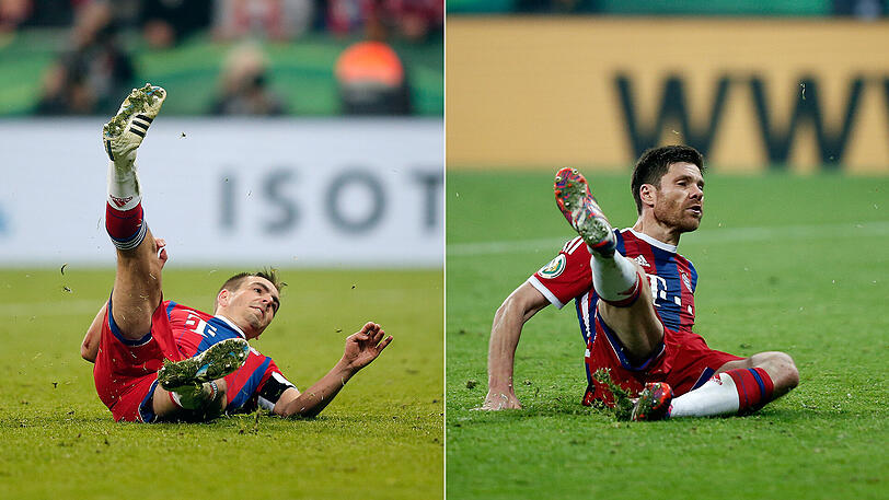 Im eigentlich schon verlorenen Halbfinale feiert der BVB ein 2:0 im Elfmeterschießen, weil vier Münchner patzen. Philipp Lahm und Xabi Alonso (rechts) rutschten bei ihren Fehlversuchen spektakulär aus.