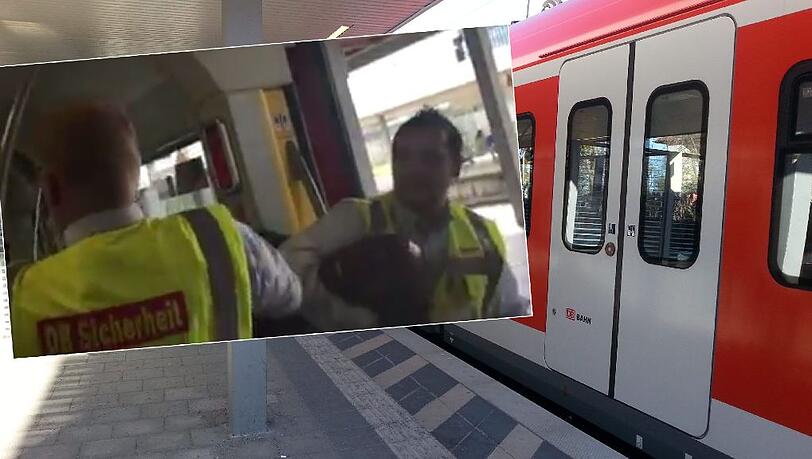 Der Youtube-Screenshot zeigt, wie die beiden Männer den Schwarzfahrer im Würgegriff aus der S-Bahn führen. Der Youtube-Screenshot zeigt, wie die beiden Männer den Schwarzfahrer im Würgegriff aus der S-Bahn führen.
