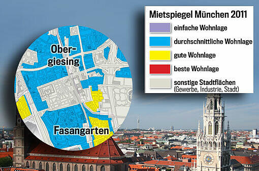 Die Lage macht&rsquo;s: Je nach farblicher Markierung fällt auch die Grundmiete unterschiedlich hoch aus. Der Mietspiegel gilt ab 20. März 2013. Wohnen Sie in bester Lage? Einfach weiterklicken!