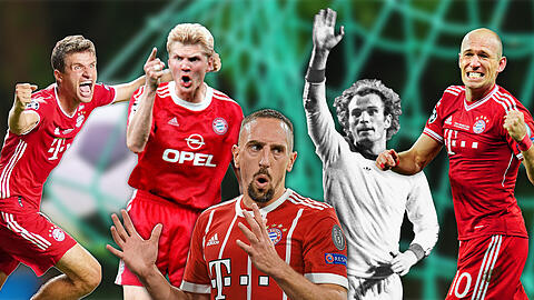 Das beste bayerische Mittelfeld aller Zeiten: Thomas Müller, Stefan Effenberg, Franck Ribery, Uli Hoeneß und Arjen Robben (v. l. )