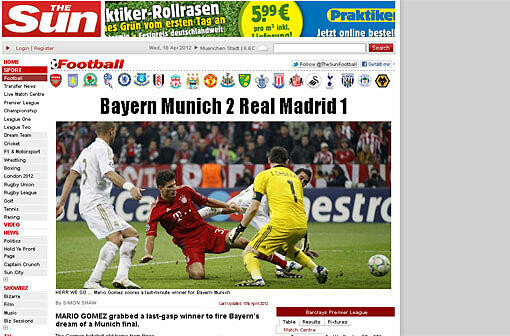 "The Sun" (England): "Mario Gomez landete in letzter Sekunde einen Treffer und befeuerte damit Bayerns Traum von einem Finale in München."