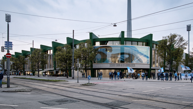 Die neue Osttribüne erinnert architektonisch an die heutige Stehhalle. Ist aber ein modernes Bauwerk. Die neue Osttribüne erinnert architektonisch an die heutige Stehhalle. Ist aber ein modernes Bauwerk.