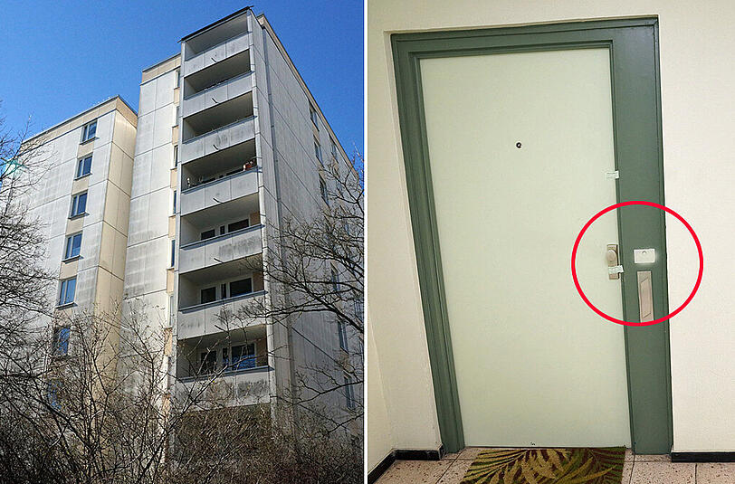 Fasanenstraße in Unterhaching: Hinter dieser Tür (rechts) traf die Polizei auf die 40-Jährige, die unmittelbar den Mord an ihrer Mutter gestand. Die Leiche der 70-Jährigen lag zwei Wochen lang in der Wohnung.