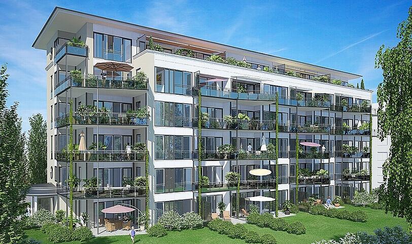Bei der Rückansicht sieht man, dass hier größere Balkone geplant sind. Zu den Penthouse-Wohnungen gehören natürlich Dachterassen.
