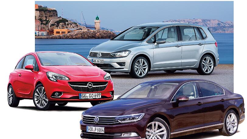 Die Autos der Vernunft (v.l.): Opel Corsa. Golf Sportsvan und VW Passat. Die Autos der Vernunft (v.l.): Opel Corsa. Golf Sportsvan und VW Passat.