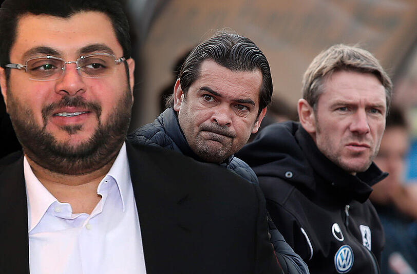 Investor Hasan Ismaik (l) glaubt an die Strategie von Sportchef Poschner und Trainer von Ahlen.