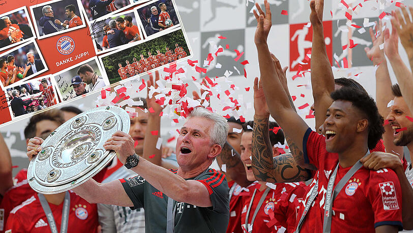 Die Spieler des FC Bayern sagen "Danke!" zu Jupp Heynckes. Die Spieler des FC Bayern sagen "Danke!" zu Jupp Heynckes.