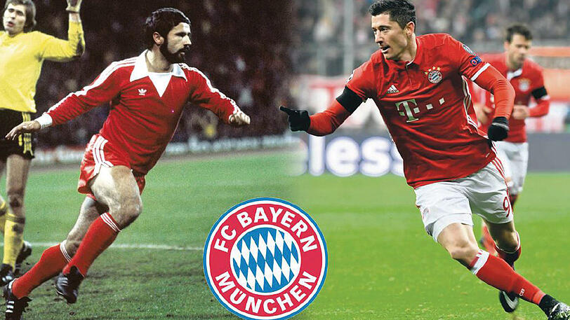 Zwei Weltklasse-Stürmer des FC Bayern: Gerd Müller (l., von 1964 bis 1979) und Robert Lewandowski (seit 2014).