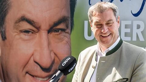 Das Plakat und das Original: Markus Söder bei der Vorstellung der Wahlplakate.